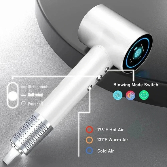 White 3 Mode Brushless Ionic Hair Dryer with Display‎ Screen Diffuser - Picture 6 of 7